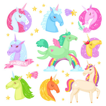Unicorn vector cartoon kids character of girlish horse with horn and colorful ponytail in love illustration set of fantasy child ponytailed animal with wings isolated on white background