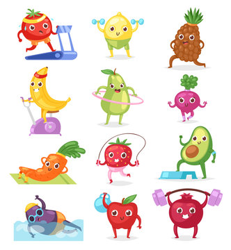 Fruits sportsman vector fruity expression of sporting cartoon character workout doing fitness exercises illustration set of vegetables with funny apple banana in sport isolated on white background