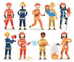 Firefighter vector cartoon fireman character firefighting fire with firehose hydrant and fire extinguisher equipment illustration set of man or woman in helmet isolated on white background