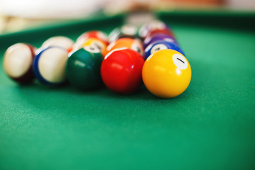 balls on a billiard table in a triangle. game of American billiards