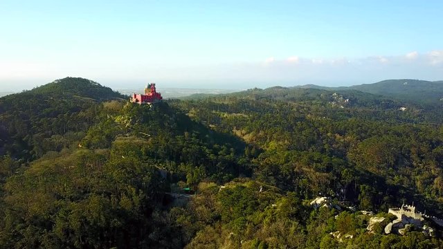 Aerial view of Pena Palace approached from the Castle of the Moors in Sintra, Portugal