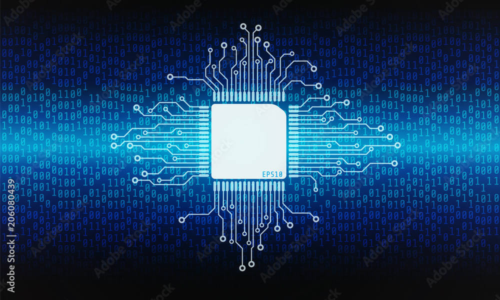 Aufkleber Blue Hi Technology Microprocessor With Binary Digital Number Code Texture Vector Background. Abstract Chip Security Concept With Hexagon Pattern.