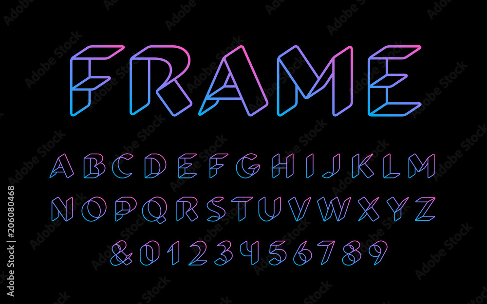 Fototapete 3d linear font. vector alphabet with latin letters and numbers.