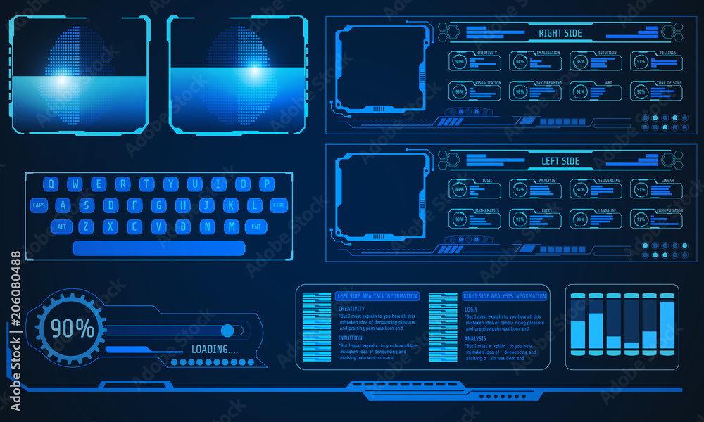 Fototapete HUD User Interface Brain Analysis Design Concept Control Panel Vector Background. Abstract Futuristic UI Template Illustration.
