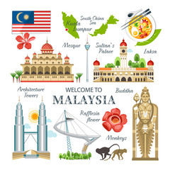 malaysia collection of traditional objects  landmarks symbols buildings national culture