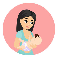 Vector illustration of mother feeds baby with breast, breastfeeding position. Cute cartoon character mother feeding baby, breastfeeding concept in flat style.