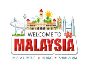 Malaysia emblem lettering sights symbols culture landmark architecture building illustration 