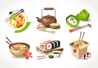 Asian kitchen food laksa soup tea pot ceremony zongzi sushi noodles chinese japanese thai dishes