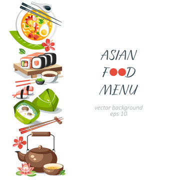 Asian food background vertical menu dishes chinese traditional cuisine japanese thai frame background border
