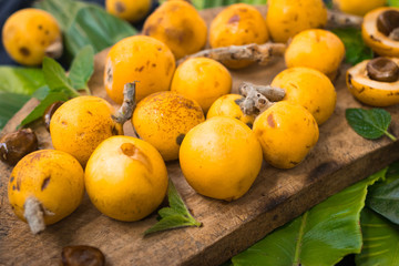 Fresh ripe mushmula or loquat fruit. Good for breakfast and desserts. Evergreen subtropical tree orange sweet and juicy fruit widely spread in Georgia, Japan, Korea, Spain and other asian countries.