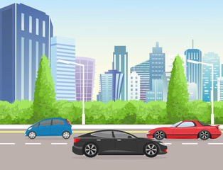 Vector illustration city street with skyscraper buildings. Road view big metropolis cityscape with cars in flat style.