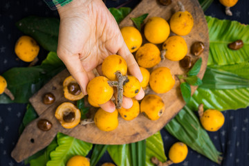 Woman hands holds  mushmula or loquat fruit. Breakfast and desserts. Evergreen subtropical tree orange sweet and juicy fruit widely spread in Georgia, Japan, Korea, Spain and other asian countries.