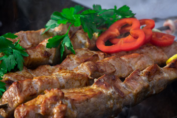 Grilling shashlik on barbecue grill