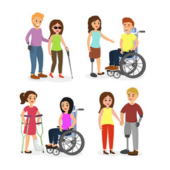Vector illustration set of disabled people with friends, walking and speaking happy young people with wheelchair and crutches in cartoon flat style.