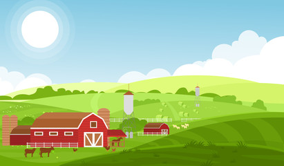 Vector illustration of farm with large fields, cows and sheeps, farm animals on beautiful landscape background. Milk farm and herd cows, eco food concept in flat style. © Natalia