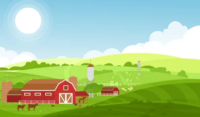 Gordijnen Vector illustration of farm with large fields, cows and sheeps, farm animals on beautiful landscape background. Milk farm and herd cows, eco food concept in flat style. © Natalia