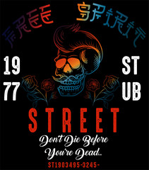 Ilustracion vectorial calavera con cabello y textos en japones