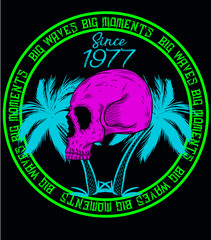 ilustracion vector craneos con palmeras en el inferior y textos