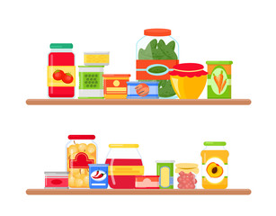 Vector illustration of grocery store shelves full of colorful and bright groceries in flat style.