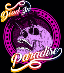 ilustracion vector de craneo con palmeras en los ojos y textos en degradado