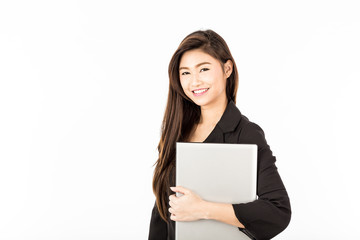 Fototapeta premium Beautiful Attractive Asian business young woman in suit smile and holding laptop feeling so happiness and confident with business Start up,Isolated on white background,Business Start up Concept