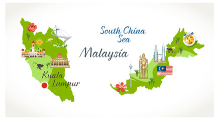 Malaysian map with sights landmark located on it buildings flora symbols buddha statue
