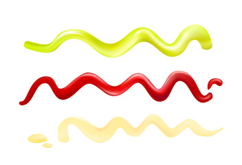 Vector illustration of realistic different sauces for food on white background. Wasabi, mayonnaise and ketchup.