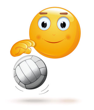 Emoticon face playing volleyball. Cheerful smiley with a ball. Emoji and ball for playing volleyball. Vector illustration