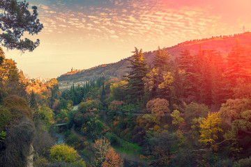 Panoramic view of botanical garden in Tbilisi city at sunset, Georgia country