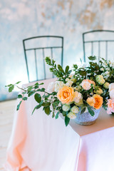 flower arrangement, romance, environment concept. still life in form of dizzying bouquet of the...