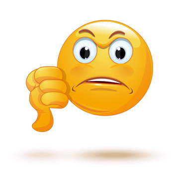 Emoticon showing thumbs down. Dislike sign. Angry smiley. Sad emoji. Vector illustration