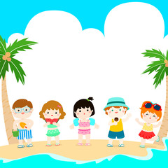 hello summer multicultural cute kids template vector