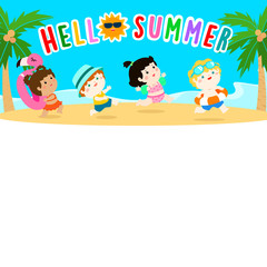 hello summer multicultural cute kids template vector