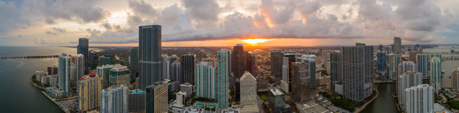 Aerial panorama Miami Brickell cityscape Sunset