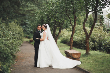 Happy wedding couple walking in a botanical park