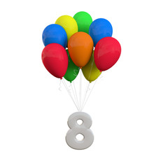 Number 8 party celebration. Number attached to a bunch of balloons. 3D Rendering