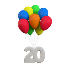Number 20 party celebration. Number attached to a bunch of balloons. 3D Rendering