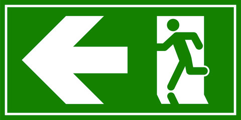 Emergency exit sign. Man running out fire exit