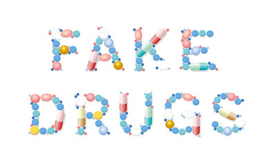 FAKE DRUGS written with pills, tablets and capsules. Isolated vector illustration on white background.