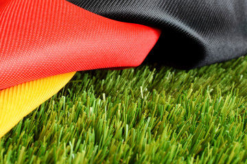 Deutsch national Flagge Tricolor schwarz, rot, gold auf grün Fussballfeld