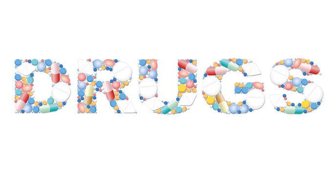 DRUGS written with pills and capsules. Isolated vector illustration on white background.