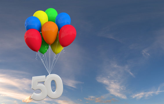 Number 50 party celebration. Number attached to a bunch of balloons. 3D Rendering