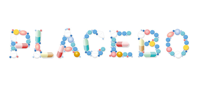 PLACEBO written with pills, tablets and capsules. Isolated vector illustration on white background.