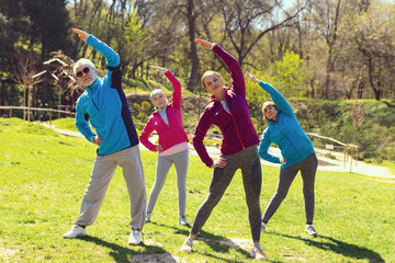Fototapeta premium We love sport. Pretty alert woman smiling and training aged people in the open air
