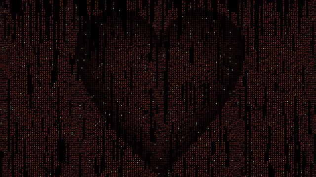 Matrix code heart composed of glowing characters flashing and flickering on black background. Unusual love symbol, 4k footage