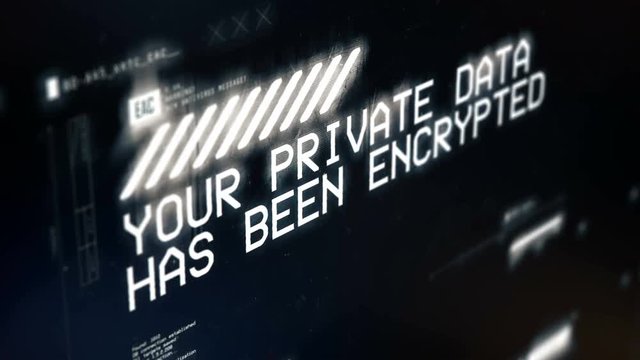 Your data has been encrypted, warning text on screen, privacy loss, theft. Screen text with warning message