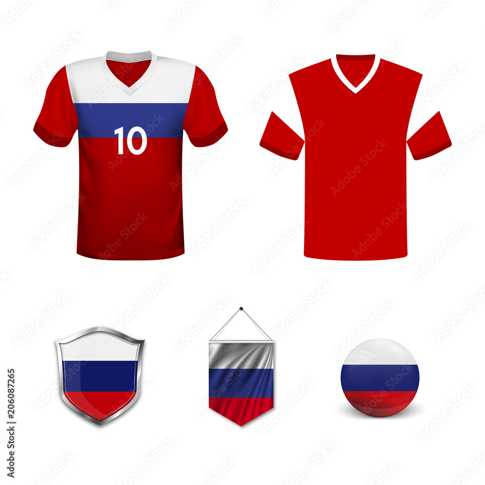 Sticker set of t-shirts and flags of the national team of russia. vector illustration.