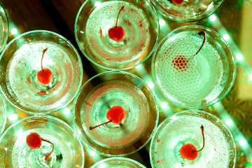 Champagne wine chrystal glasses set in night club bar at expensive luxury restaurant cocktail party wedding celebration - 206087226