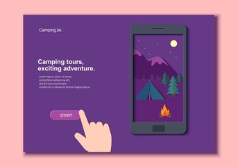 Evening camp with a fire and a tent pine forest and rocky mountains in a mobile phone with hand in paper cut style. Camping mobile template adventure application. Vector illustration card.
