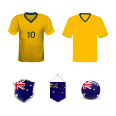 Set of T-shirts and flags of the national team of Australia. Vector illustration.